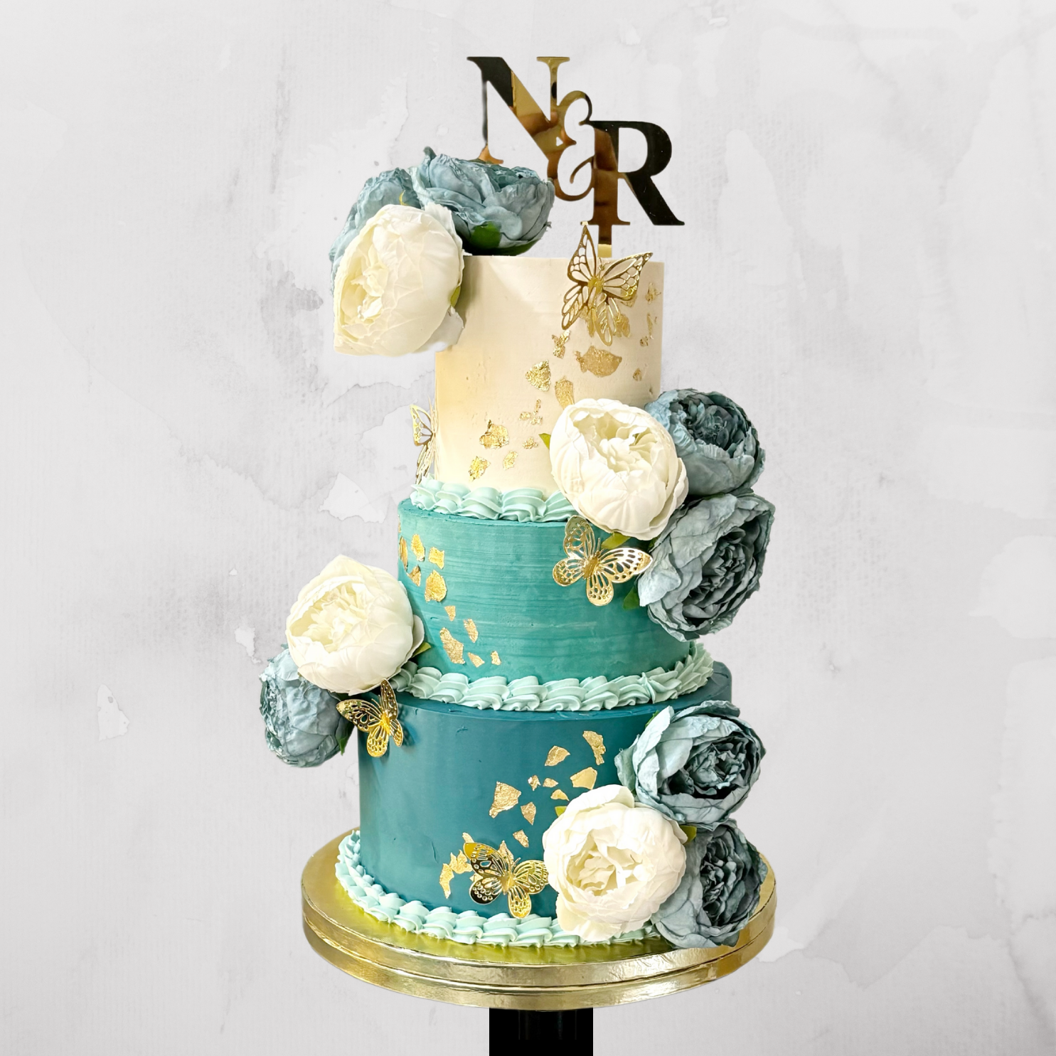 Teal & Gold Butterfly Floral Cake